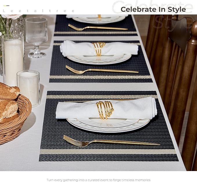 Leetaltree Luxury Black Placemats with Gold Stripes Placemats Set of 4 - Waterproof Washable for Wedding, Anniversary, Daily Use - Sparkling Table Decor - Hand-Cut