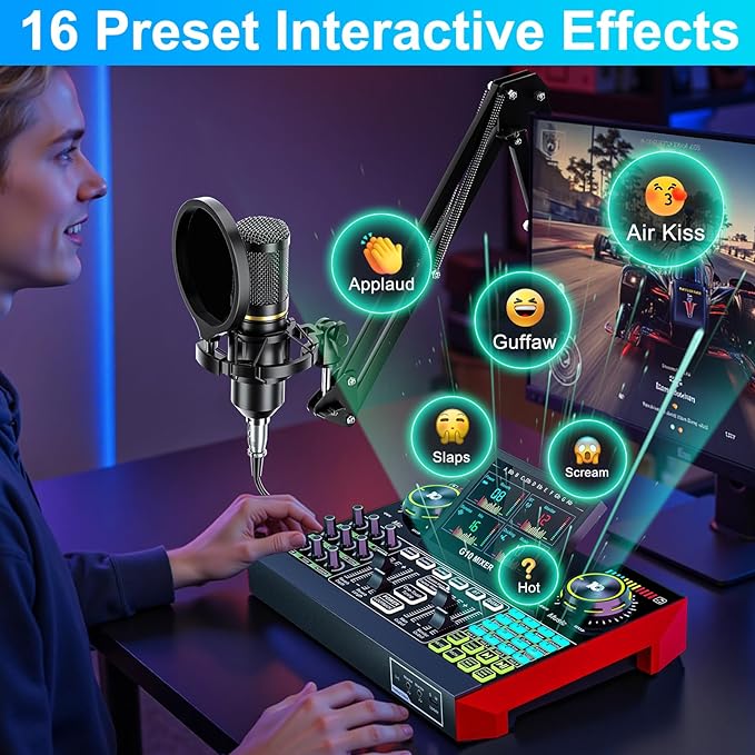 Podcast Equipment Bundle with 3.5mm Condenser Microphone for Pc/Phone Live Streaming Singing Gaming, Podcast Microphone Bundle with Live Sound Board Audio Mixer Denoise,DJ Sets