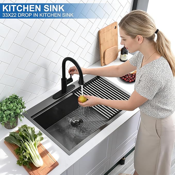 Scamall 33x22x10 Drop In Kitchen Sink Workstation, Nano Black 304 Stainless Steel Deep Single Bowl with Quick Drainage & Tarnish-Free Surface for Bar, Laundry, RV, Includes Accessories