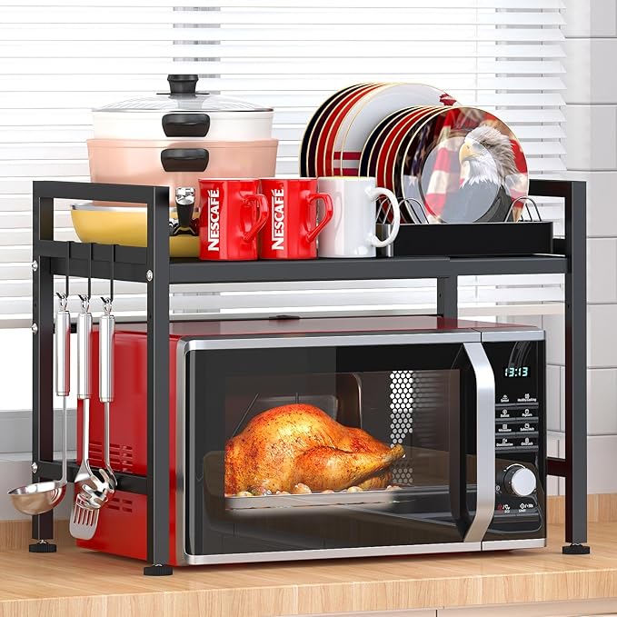 PUSDON Extendable Microwave Oven Rack, Adjustable Microwave/Toaster Shelf Heavy Duty Stand Kitchen Counter Top Organizer, 2 Tier with 3 Hooks, 160lbs Weight Capacity, Black