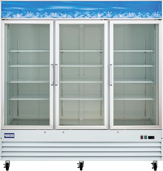 Kratos Commercial Three Door Merchandising Refrigerator, Large Swing Glass Door White Mobile Display Refrigerator for Markets and C Stores, 78" Wide, LED Lighting, 115V (67K-213)