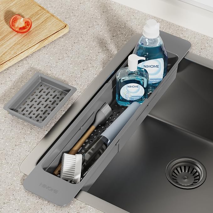 NiHome Extendable Kitchen Sink Caddy Extra Long Brush Sponge Storage Holder - Image 2