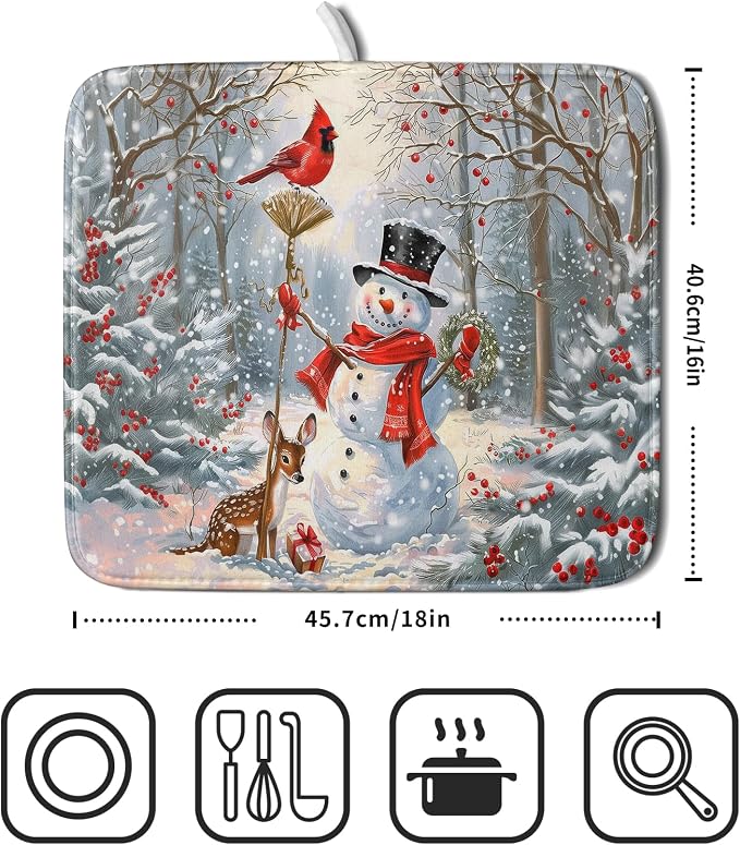 Winter Snowman Dish Drying Mat for Kitchen Counter Red Bird Berry Dishes - Image 2