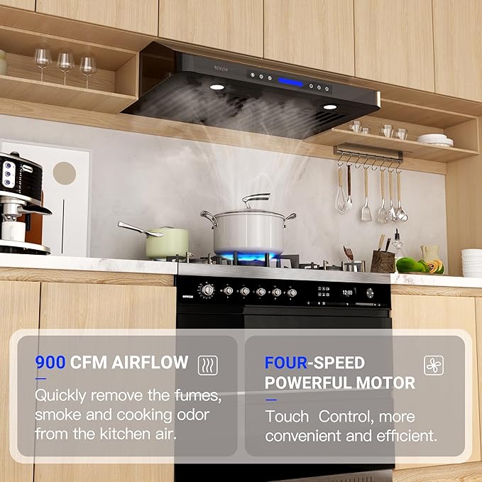EKON 42 inches Black Under Cabinet Range Hood, 900 CFM Stainless Steel Kitchen Chimney Vent, 4 Speed Touch Screen Control With Remote 2Pcs 3W LED lights Dishwasher-safe Filters Fan Timer