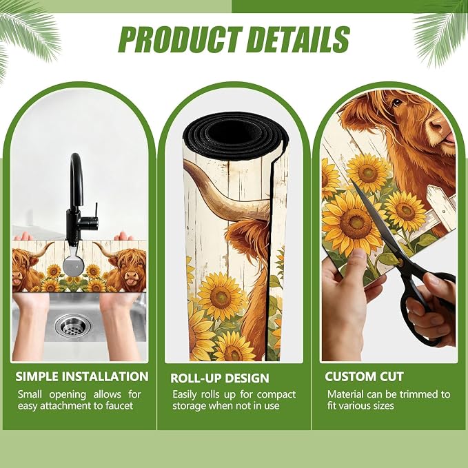 3 Pcs 2 Size Kitchen Sink Splash Guard Faucet Mat Highland Cow Pattern Faucet - Image 3