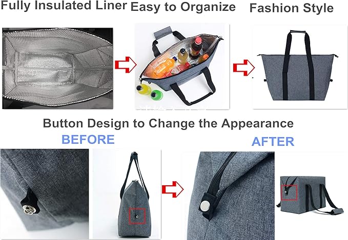 Insulated Grocery Cooler Food Bags with Zipper for Shopping, Travel, Picnic or Lunch, Alumimum Foam Tote Bag for Frozen Cold Hot Foods Delivery, Blue