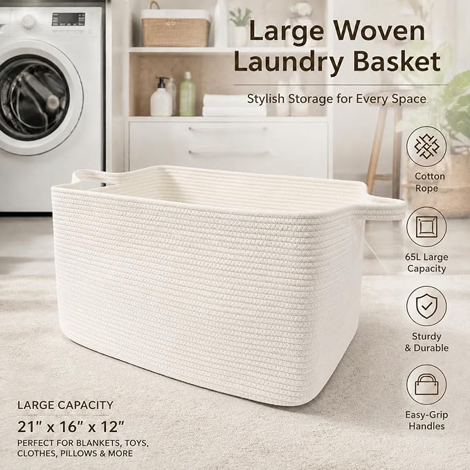 65L Large Laundry Basket with Handles, Woven Blanket Basket - Image 5