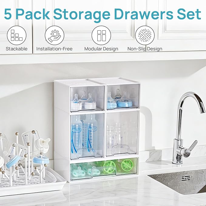 Vtopmart Stackable Storage Drawers Set of 5, Baby Bottle Organizer, Beauty - Image 4