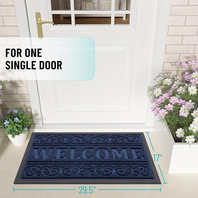 OLANLY Welcome Door Mat Indoor Outdoor Entrance, Heavy Duty Sturdy Front Door Mat, Waterproof All-Weather Doormat, Stain Resistant, Low Profile, Easy Clean Patio Entryway Mat, 47 x 24, Navy Blue