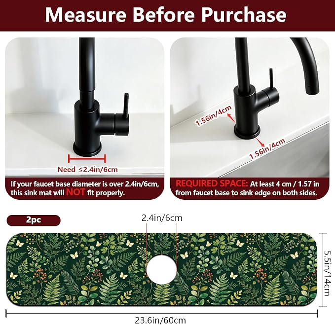 2Pcs Green Vintage Plants Kitchen Sink Splash Guard Faucet Mat Flowers - Image 2