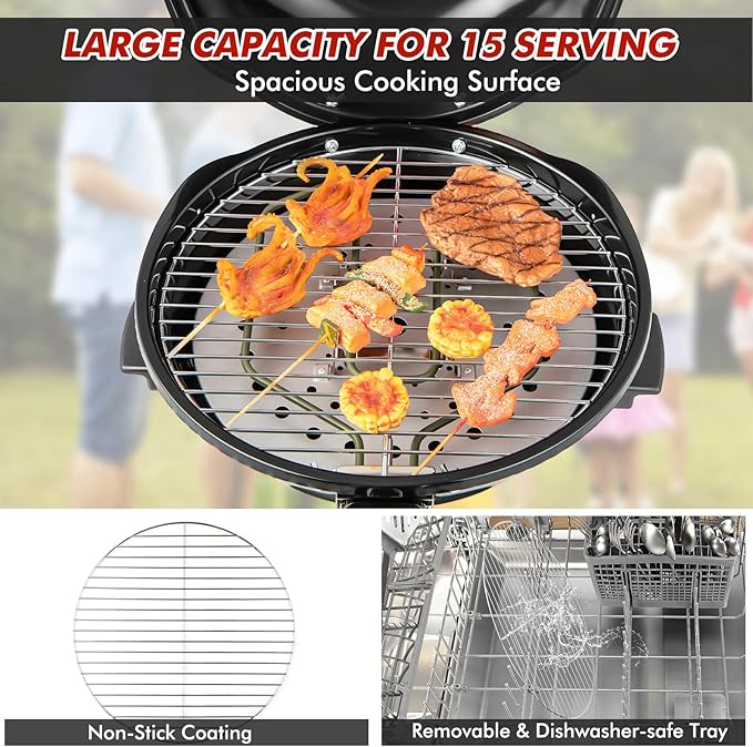 HAPPYGRILL 1600W Portable Electric Grill Outdoor BBQ Grill for 15-Serving, Electric Barbecue Grill for Indoor & Outdoor Use, Portable Stand BBQ Grill for Patio Balcony Kitchen Garden (Black)
