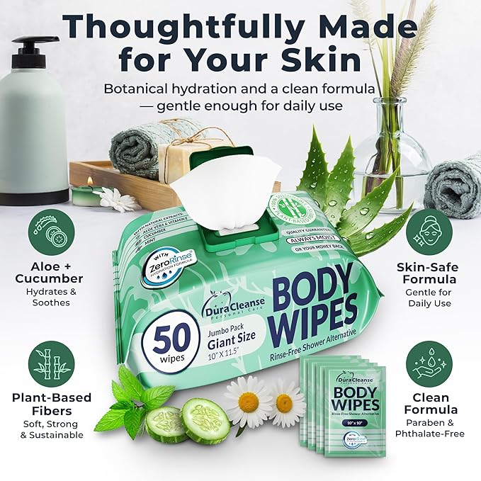 Body Wipes for Women, Extra Moist No Rinse Bathing Wipes-50 XL Shower Cloths + 4 Travel Size Bath Sheets -10x11.5" After Gym & Post Workout Deodorant, Disposable Washcloths, Womens Hygiene Essentials