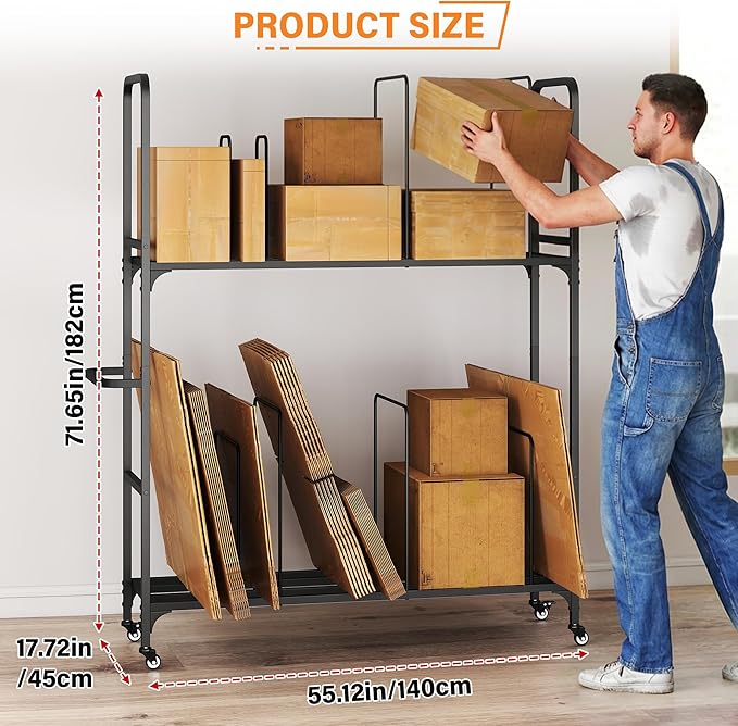 2-Tier Carton Stand, Metal Cardboard Box Organizer, Rolling Cardboard Box Stand, Heavy Duty Carton Storage Cart with Dividers, Shipping Boxes Cart with Wheels for Commercial Home Supermarket Warehouse