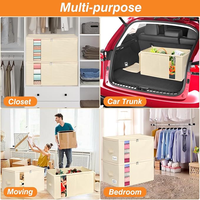 60L Rigid-Sided Blanket Storage Bags, 2 Pack, Stackable Design, - Image 3