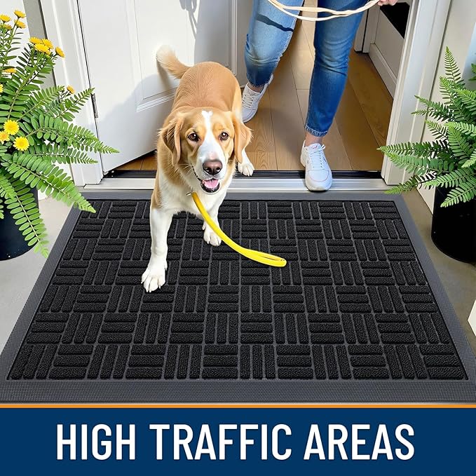 OLANLY Front Door Mat Outside Entrance 47x23, Absorbent, Heavy Duty Sturdy Natural Rubber Doormat Indoor Outdoor, Stain and Fade Resistant, Non-Slip Backing Low Profile Floor Mat for Entryway, Black