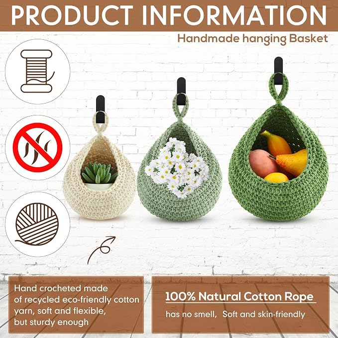 Honeydak 3 Hanging Baskets, Sage Green, Cotton Rope - Image 3