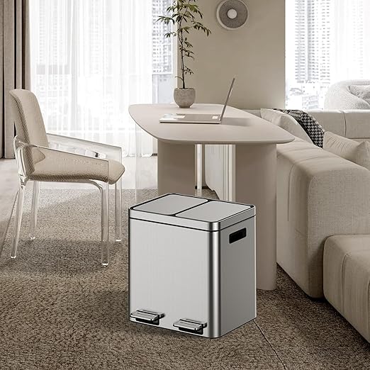 Garvee 8 Gallon Stainless Steel Dual Compartment Trash Can - 2x15L Recycling Bin with Soft-Close Lid, Fingerprint-Proof Kitchen & Office Waste Sorting Bin