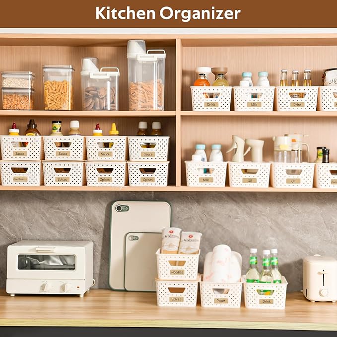 8 Pack Plastic Storage Bins with Bamboo Lids - Stackable Storage Baskets with Handle for Pantry Organizer and Storage, Plastic Containers Bins Lidded Storage Bins for Classroom Office Shelves