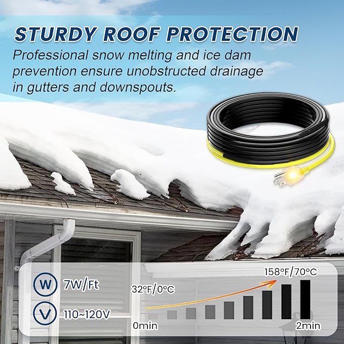 75 FT Heat Tape for Roof and Gutters, YeloDeer Gutter Heater Cable Heat Trace Cable for Snow De-Icing Ice Dam & Pipe Freeze Protection 7W/FT 120V