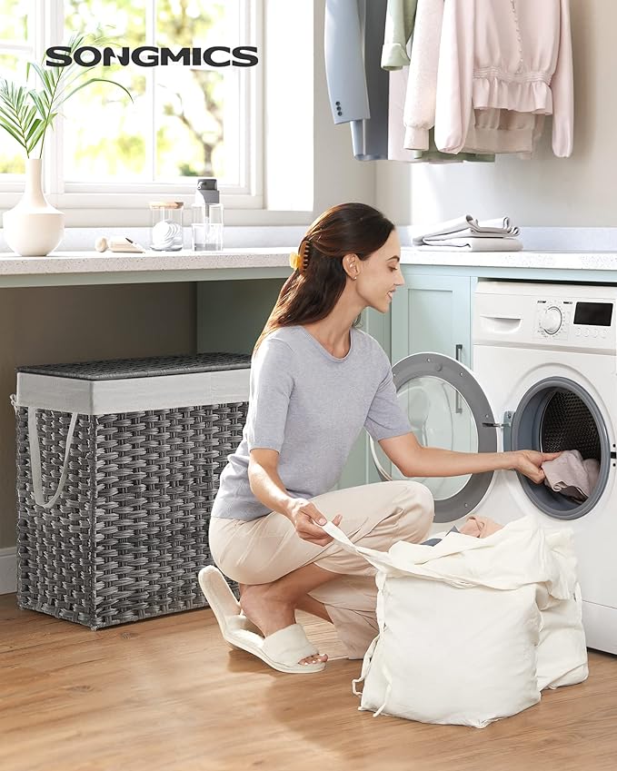 SONGMICS Laundry Hamper with Lid, 130L Double Wicker Basket, 6 Mesh Bags - Image 2
