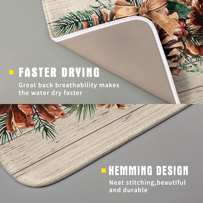 Winter Pine Cone Dish Drying Mat Holly Berries Dish Draining Mat Microfiber - Image 3