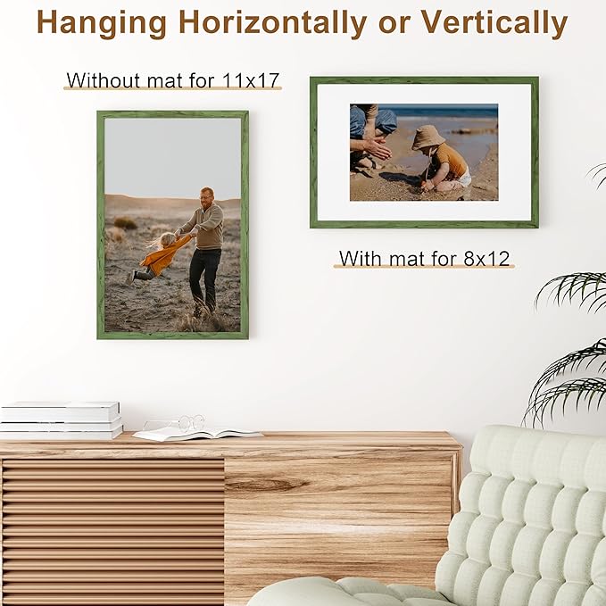Vittanly 11x17 Picture Frame, Solid Wood Frame with Plexiglass, Includes 8x12 Mat, Wall Hanging for Photos, Home Decor, Rustic Green, 1 Pack