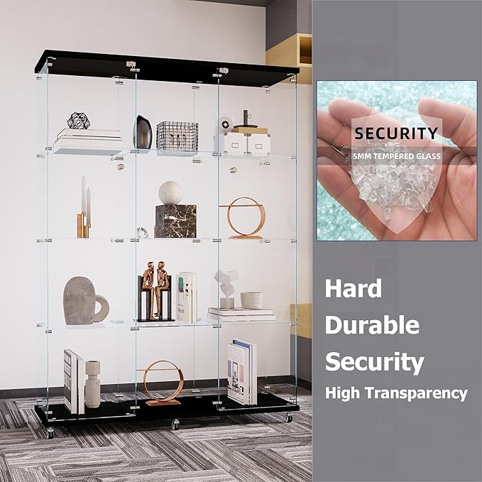 66.5" H 4-Shelf Extra Large Glass Display Cabinet with Double Doors,Modern Floor Standing Curio Cabinet Bookshelf Collection Display Case with Lockable Casters & Lock for Living Room (Black)