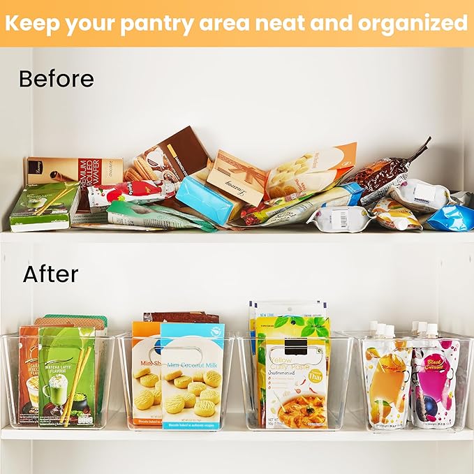 YIHONG Clear Plastic Storage Bins, 4 Pack Pantry Organizer Bins with Handle for Kitchen, Freezer,Cabinet,Closet Organization and Storage