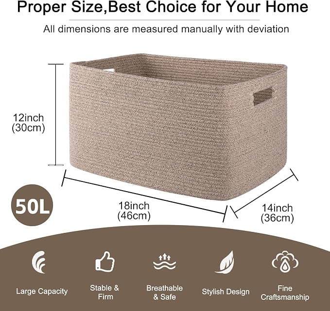 OIAHOMY Cotton Rope Basket Rectangle Blanket Basket living Room Brown - Image 3