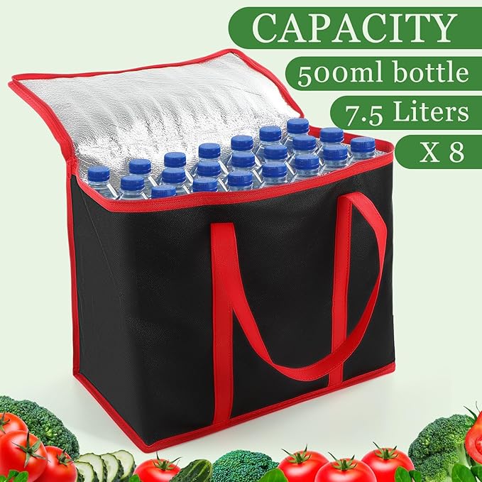 Kenning 8 Pcs Large Insulated Reusable Grocery Bags with Sturdy Zipper and Handles Foldable Washable Cooler Totes Heavy Duty Hot or Cold Food Delivery Bag for Food Transport Travel Lunch (Black Red)