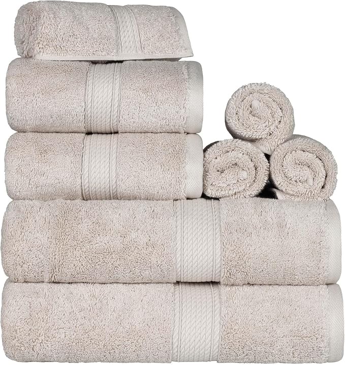 SUPERIOR Egyptian Cotton Ultra Plush & Absorbent, 8 Piece Set, Stone | Quick Dry - Image 4