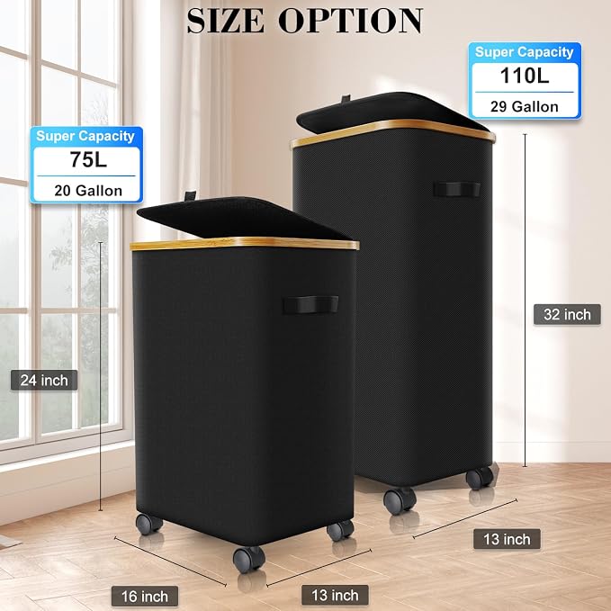 Laundry Hamper with Wheels, 75L Rolling Laundry Basket with Lid - Image 2