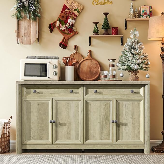 Farmhouse Buffet Cabinet with Storage, 59" Large Sideboard Credenza with Adjustable Shelves & 4 Doors, Wood Rustic Kitchen Coffee Bar Console for Table Living Room, Natural