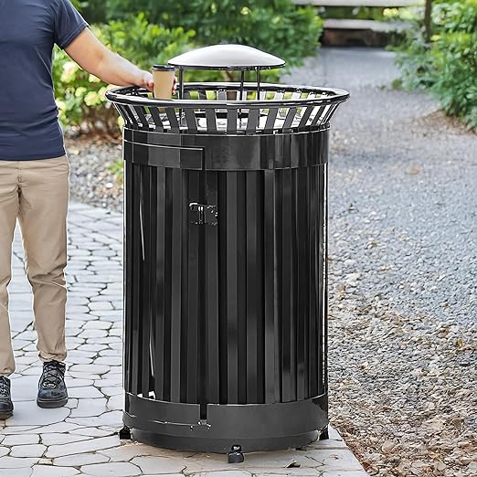 45 Gallon Black Trash Can with Lid and Door, Outdoor Heavy-Duty Commercial Waste Bin Steel Slatted, Round Recycle Container, Durable Garbage Can for Parks, Municipalities, Schools, Parking