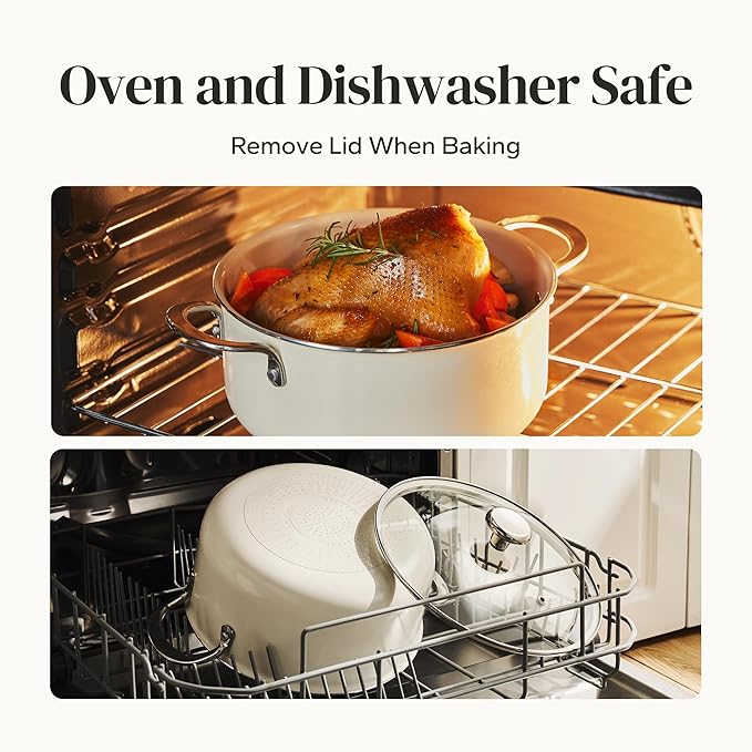 Redchef Ceramic Stock Pot with Lid, Soup Pot for All Stoves, 5 Qt Induction Cooking Pot for Soup Nonstick, Even Heating, Stay-Cool Handles, Oven/Dishwasher Safe, PTFE PFAS Free (Beige)