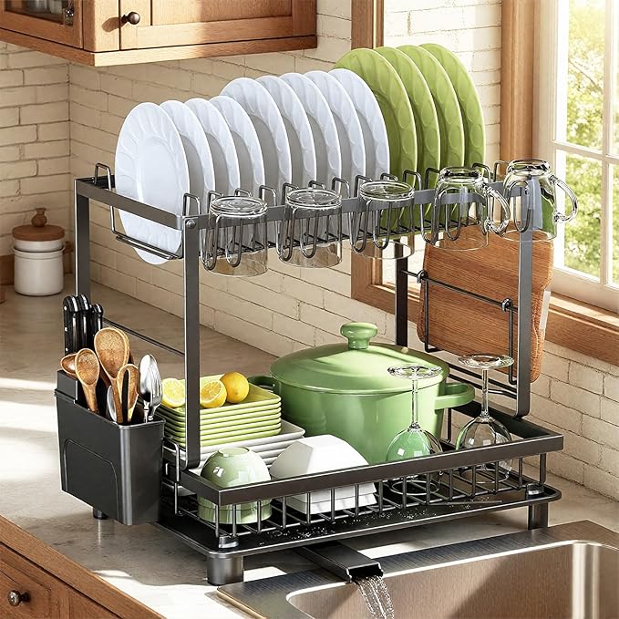 2-Tier Dish Drying Rack for Kitchen Counter, Space-Saving, Auto Drain Spout by Nfnoyp
