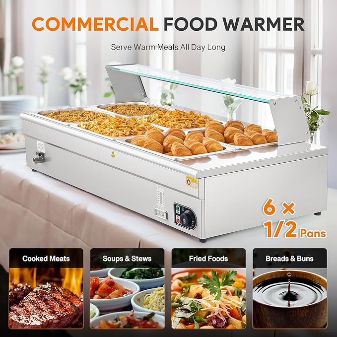 WILPREP 6-Pan Commercial Food Warmer with Sneeze Guard, Six 1/2 Pans, 1500W Countertop Electric Warmer, 86-185°F Adjustable Temp Control, Stainless Steel Buffet Bain Marie