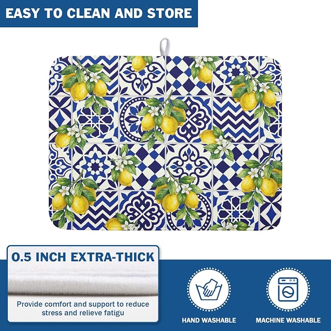 Lemon and Blue Tile Dish Drying Mat 18x24 Inch Absorbent Reversible Mexican - Image 5