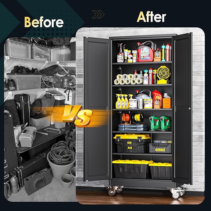 75''H Metal Garage Storage Cabinet with Wheels,Steel File Cabinets with 2 Doors and 5 Adjustable Shelves for Home Office, Warehouse, Required Assembly,Black