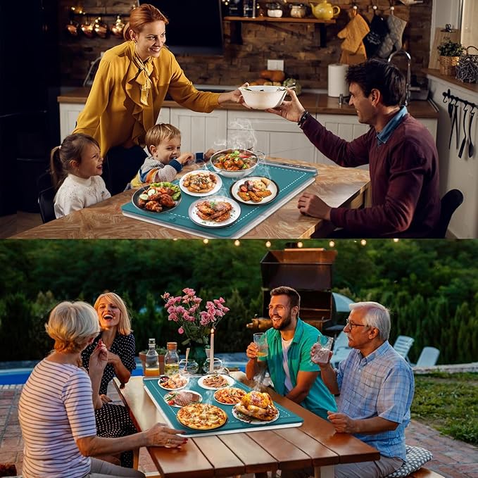 FYY Warming Mat for Food with Heat Resistant Pad, Prevent Countertop Cracks, Keep Meal Warm, Rapid and Full Surface Heating, 6 Temp Settings, 6H Timer, Rollable Portable Food Warmer Mat Dark Green