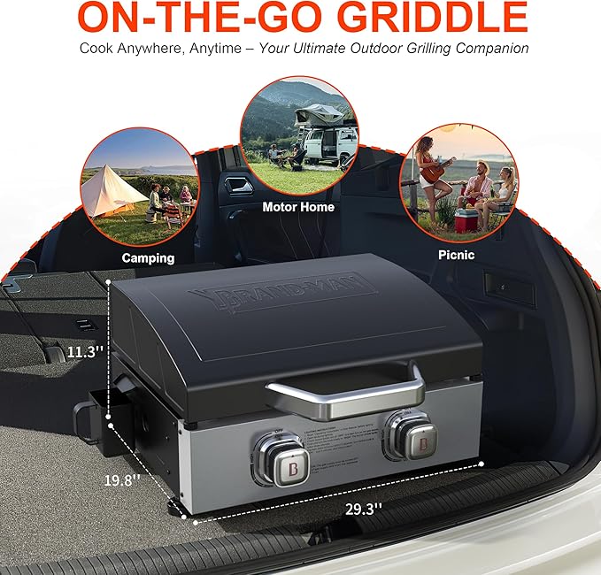 Brand-Man Propane Tabletop Griddle, 2-Burner Portable Flat Top Grill with Hood, Warming Rack & Adapter Hose - Supports 1 lb & 20 lb Gas Cylinders for Versatile BBQ Cooking, Camping, Home BBQ