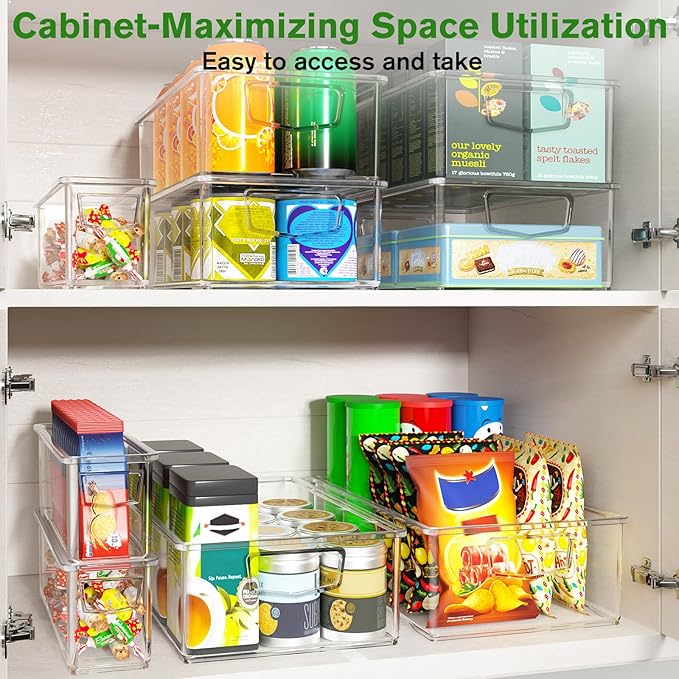5 Pack Fridge Organizer Bins, Freezer Organizer Clear Stackable Storage Bins with Handles for Pantry, Cabinets, Kitchen, Home Organization Must Haves