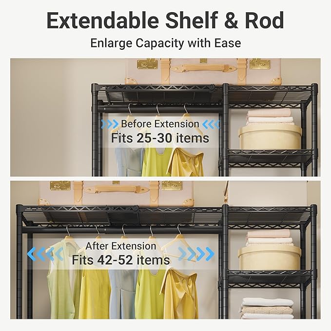 VIPEK X2 Expandable Reach-in Closet Racks Adjustable from 3'3" to 4'8" Portable Open Walk-in Closet Rack System with Flexible Shelves and Hanger Rods Clothing Rack for Hanging Clothes, Black
