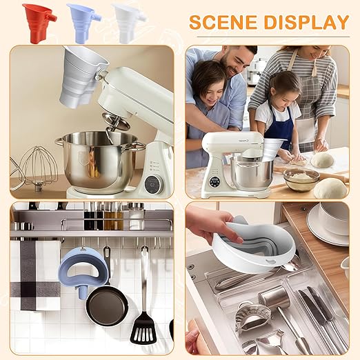 Silicone Foldable Flour Funnel for Kitchen Aid Mixer,Easy Pour No-Mess Attachment,Anti-Splash Accessory,Fits Tilt-Head 4.5–7 Qt (KSM151),Durable Dishwasher-Safe Baking Tool(White)
