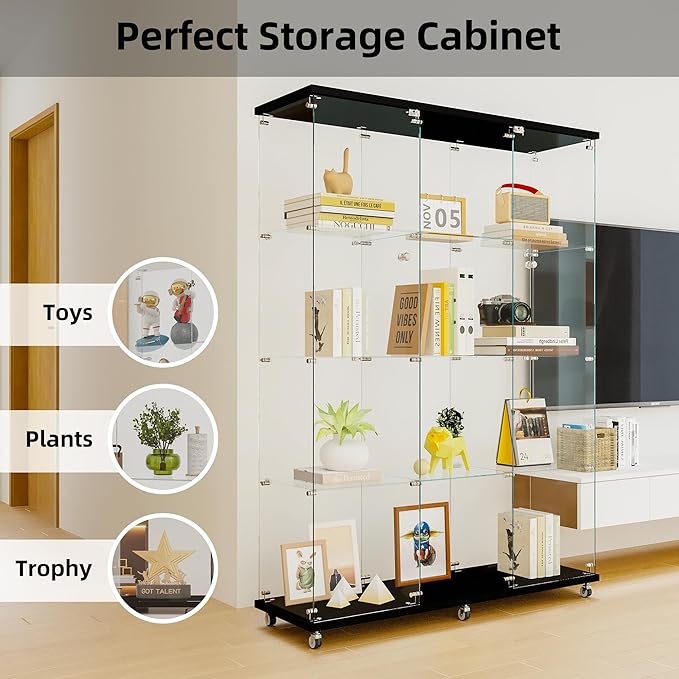 66.5" H 4-Shelf Extra Large Glass Display Cabinet with Double Doors,Modern Floor Standing Curio Cabinet Bookshelf Collection Display Case with Lockable Casters & Lock for Living Room (Black)