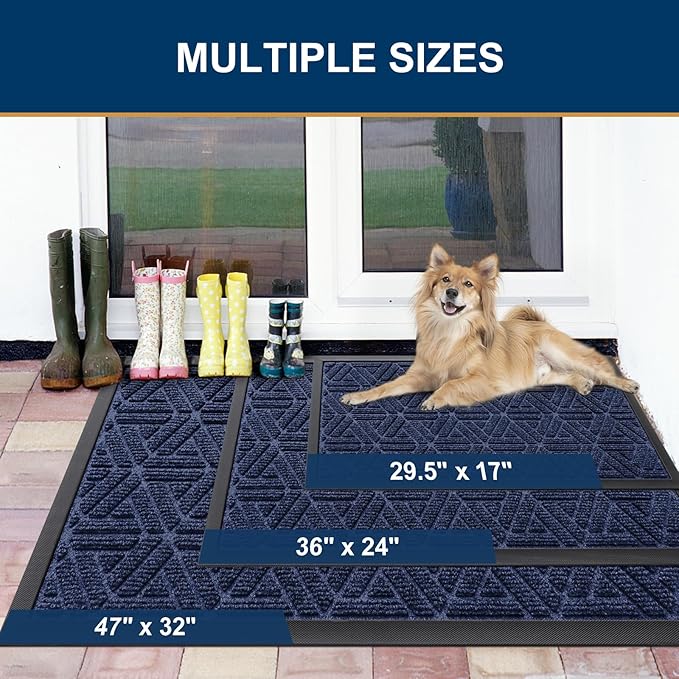 Smiry Front Door Mat Outside Entrance, Heavy Duty Sturdy Natural Rubber Doormat, Trap Dirt and Moisture, Easy Clean Low Profile Mats for Indoor Outdoor Entry, Grid Geometric (71x47, Navy Blue)