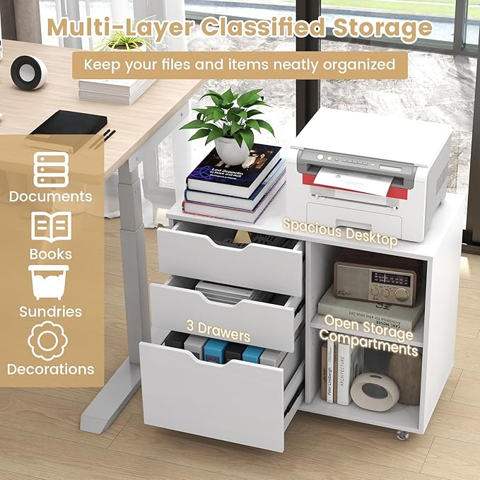 File Cabinet, Mobile Filing Cabinet w/Universal Wheels & 3 Drawers, Wood Printer Stand with Storage, Rolling File Cabinets for Home Office, Living Room, Bedroom (White, 3 Drawers)