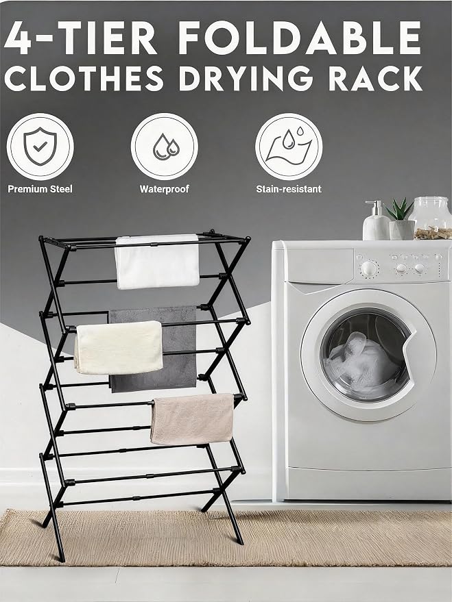 ZOES HOMEWARE 4-Tier Clothes Drying Rack, 4ft High Foldable Drying Rack Clothing - Image 2