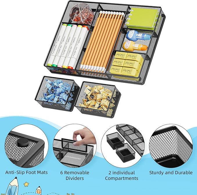 Marbrasse Mesh Desk Drawer Organizer Tray 3 Packs, 9 Adjustable Compartments - Image 3