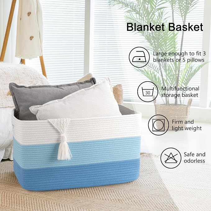 OIAHOMY Blanket Basket Laundry Basket Dog Toy Basket 75L Light Blue - Image 6